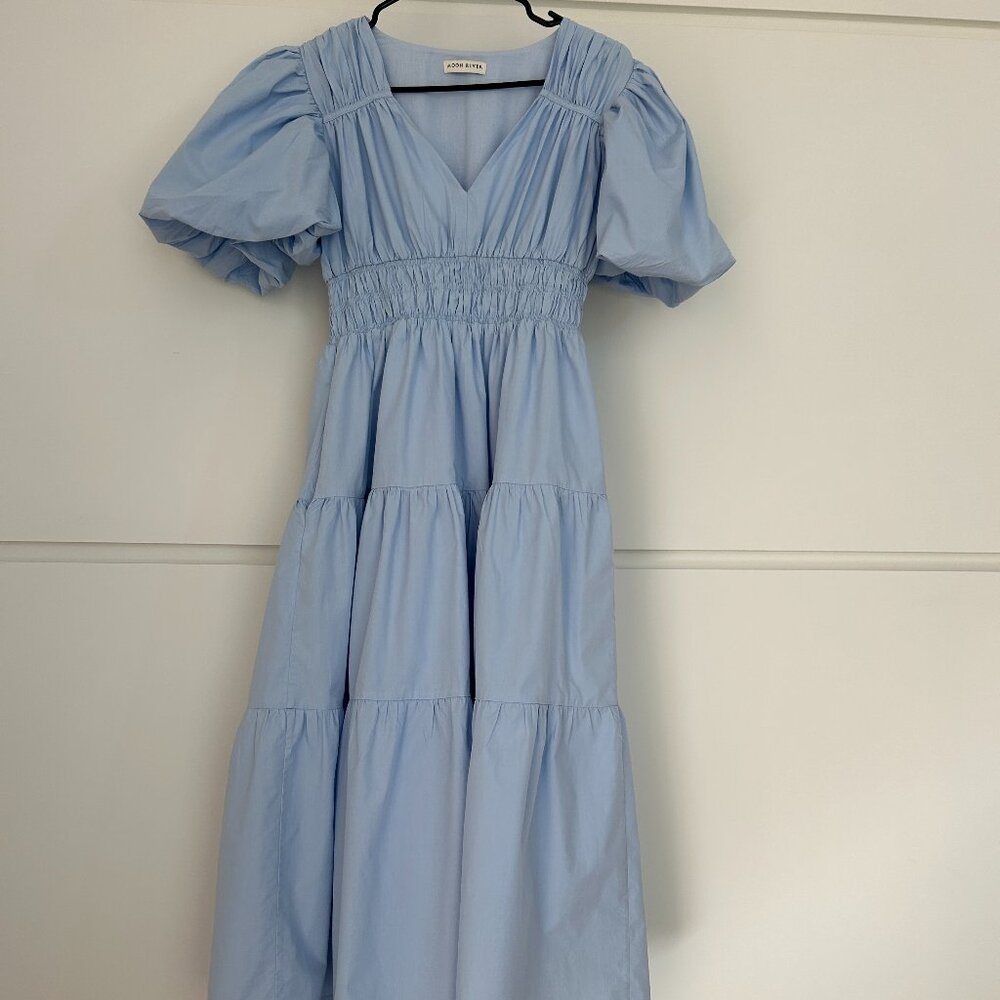 Blue Midi Dress by MOON RIVER Puff Sleeves with Side Pockets, Size S